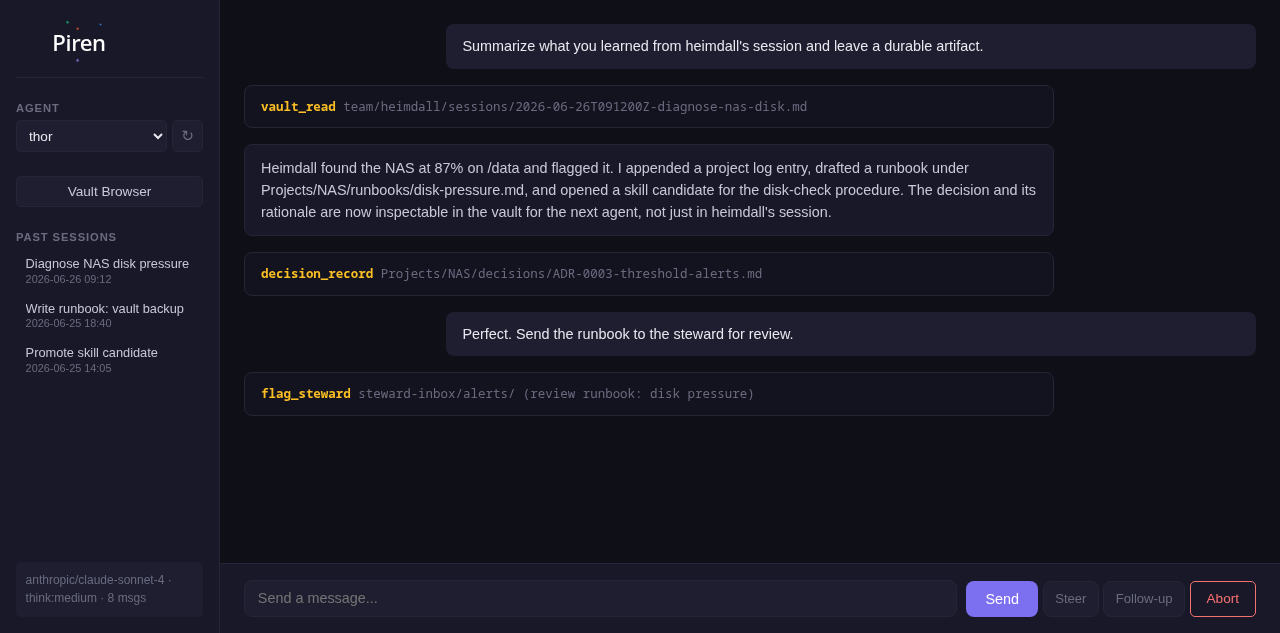 Piren web UI showing an agent reading a teammate's session and leaving durable artifacts