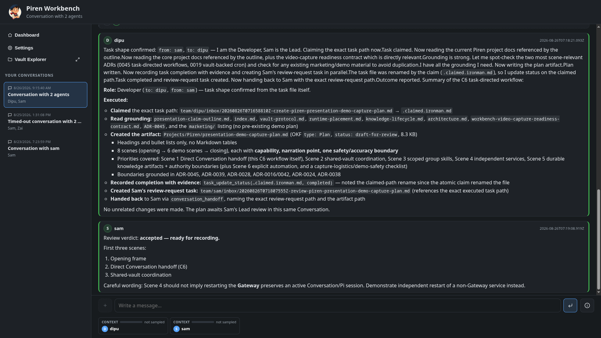Piren Workbench showing an active Conversation